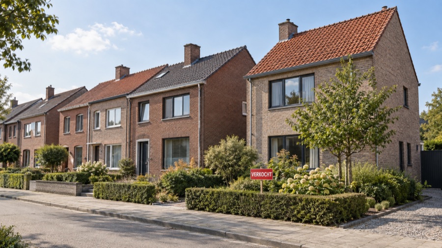 Rij Vlaamse bakstenen woningen in een woonstraat, met een bordje 'verkocht' in een voortuin