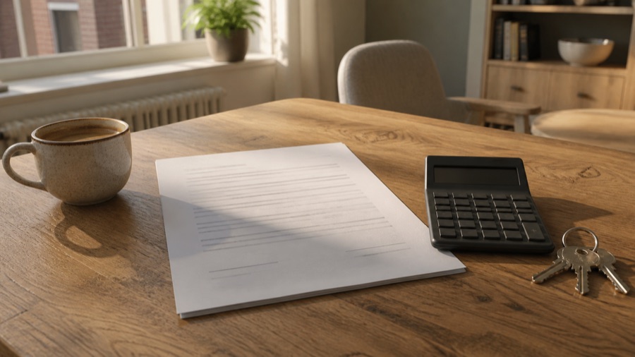Huurcontract en rekenmachine op een houten tafel in een Vlaams appartement