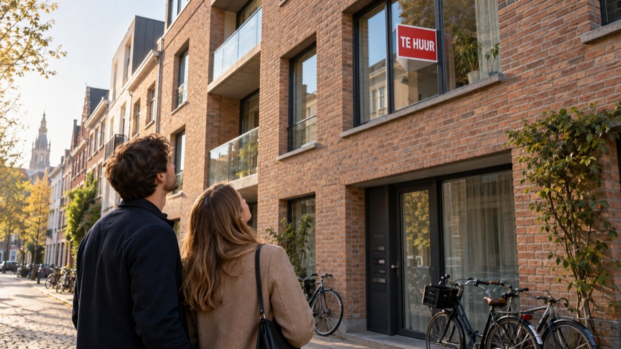 Koppel kijkt naar een bord 'te huur' aan een appartementsgebouw in een Vlaamse stadsstraat