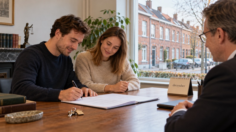 Jong koppel ondertekent een compromis bij de notaris, met een sleutelbos en een kalender op december op tafel