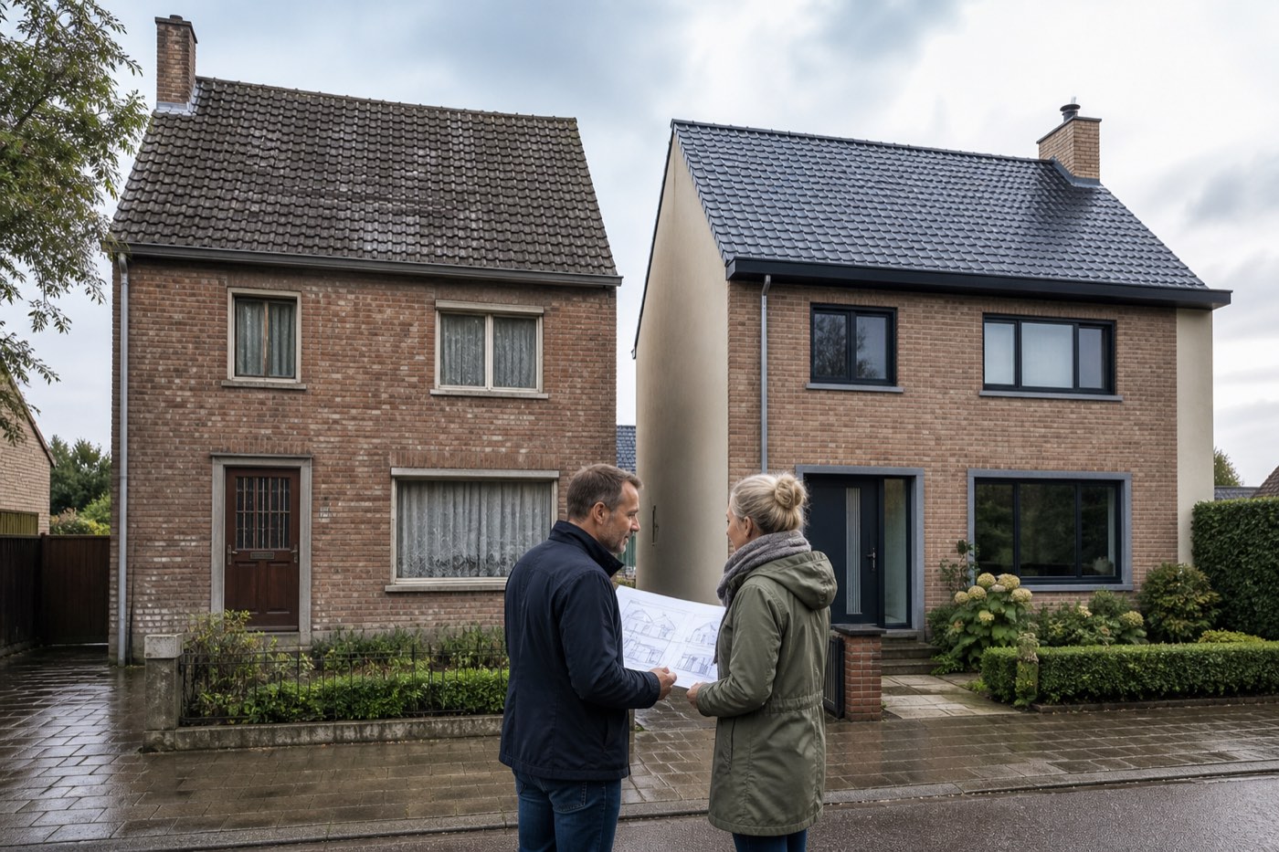 Twee Vlaamse woningen naast elkaar: links een niet-gerenoveerd huis met oude ramen en verweerd dak, rechts hetzelfde type woning volledig gerenoveerd